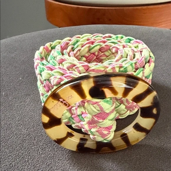Lilly Pulitzer Vintage Pink and Green Braided Belt with Tortoise Buckle - Picture 6 of 6